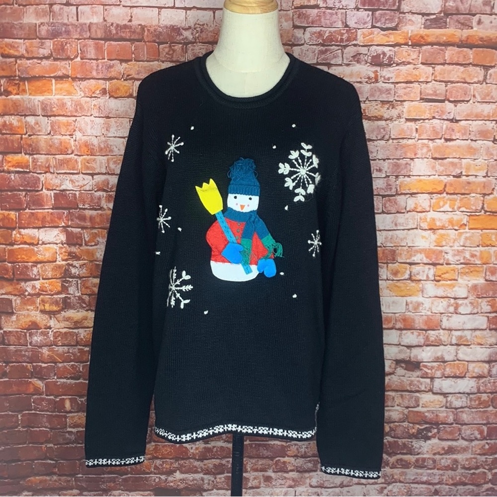 Vintage Karen Scott Sport Black Snowman Crewneck Christmas Sweater